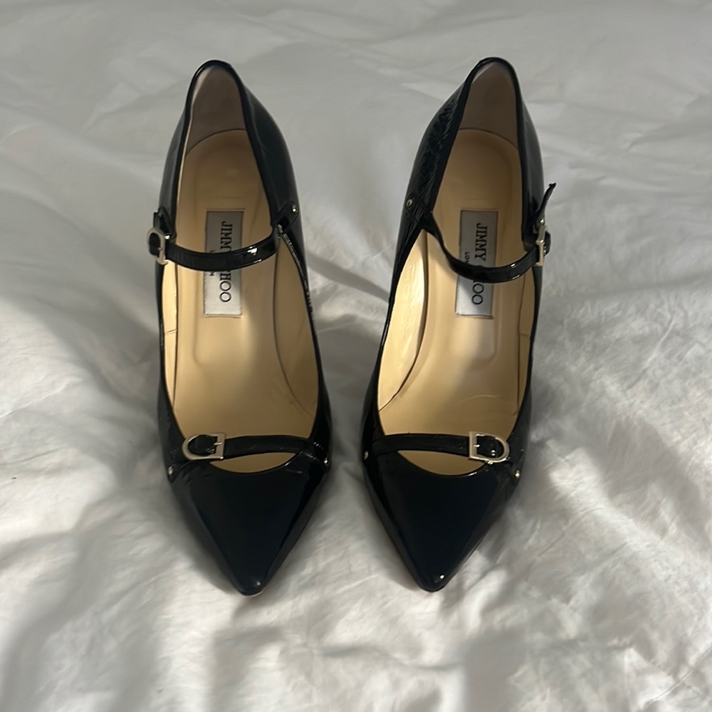 Jimmy Choo Black Patent Pointed Toe Mary Jane Pumps